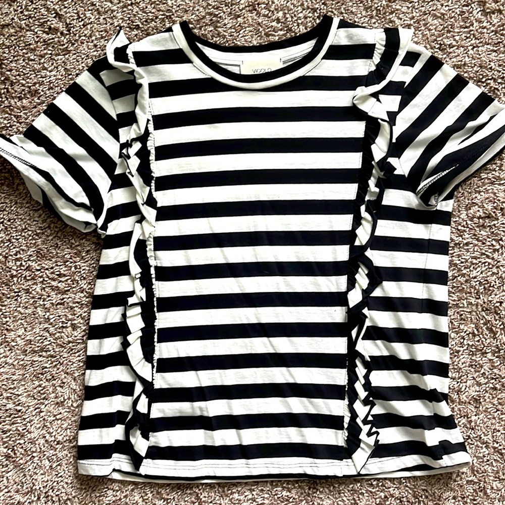 Never worn black and white ruffle front striped tee